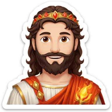 Vulcan, God of Fire from Roman Deities with long dark brown wavy hair and beard, red orange sequin toga  sticker