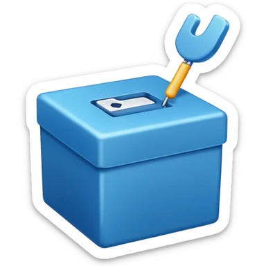 A blue box  and a white tick 1d sticker