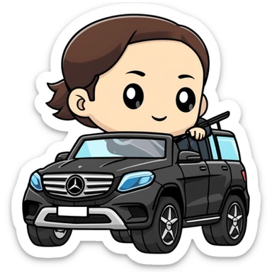 Keren driving a small black Mercedes Benz SUV  sticker