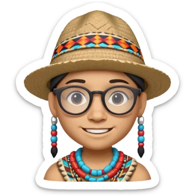 cute Indigenous tribal character portrait, head and shoulders only, wearing glasses, stylish hat, friendly smile, colorful tribal patterns, 3D cartoon, mobile game icon style, clean background, no text, no watermark
 sticker
