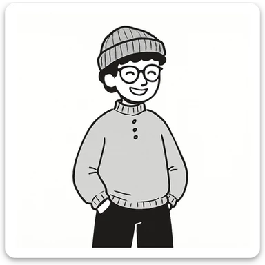 Make the beanie grey with black stripes. The guy is smiling, showing upper teeth, keep the hand-drawn doodle style. sticker