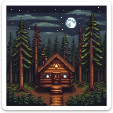 cozy wooden cabin in dark pine forest with moonlight sticker