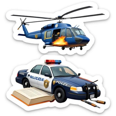 Icon for Action & Crime Reading: an open book with text, from which a police car is driving out along the pages, with explosions behind, a helicopter flying overhead, a gun with ammo and grenades in front. Transparent background. sticker