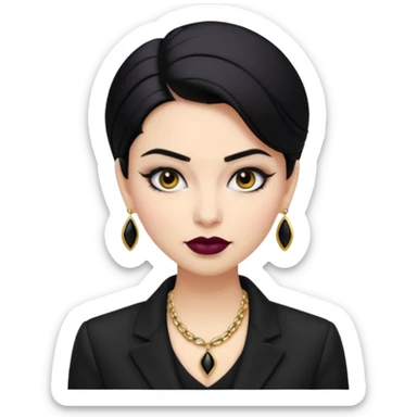 “Emoji girl, sculpted contour, bold dark lipstick, defined brows, sharp eyeliner, sleek black hair updo, statement necklace, black blazer.” sticker