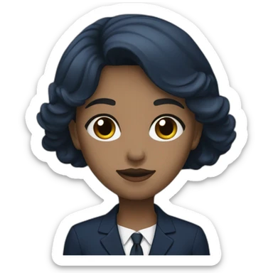 a girl who works in a funeral home in a navy blue suit and a coffin sticker