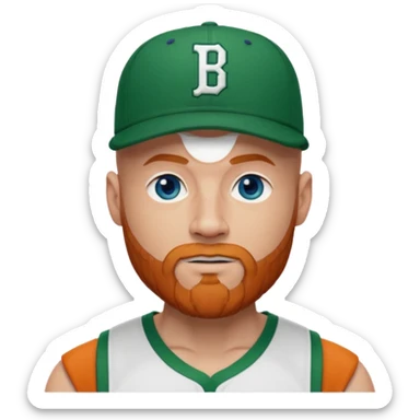 Keep same emoji bald guy with a ginger beard, blue eyes and muscles, add Boston Celtics jersey and Baseball cap sticker