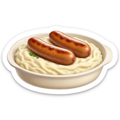 Cinematic Realistic Bangers and Mash Dish Emoji, featuring succulent pork sausages paired with creamy mashed potatoes rendered with detailed textures and natural highlights that emphasize its robust, hearty flavor. sticker