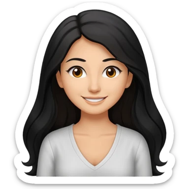 medium tan woman with long black hair past middle of back, round brwn eyes, white v neck blouse smiling. sticker