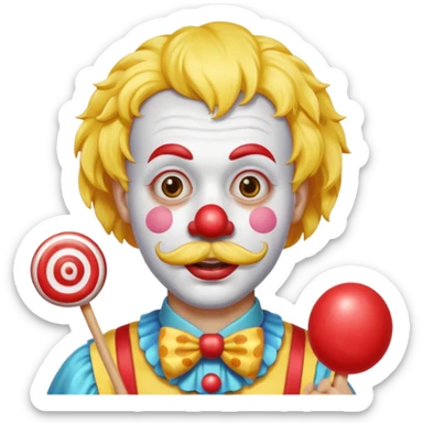 Funny clown — yellow wig, mustache, candy in hand sticker