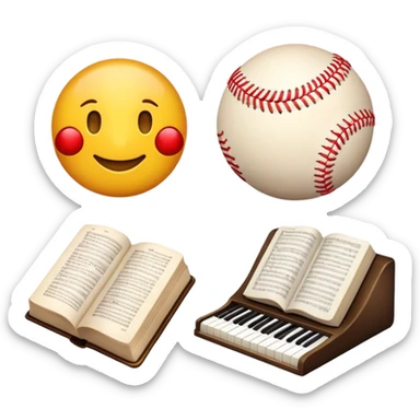 an emogi devided in 4 parts, one part is a Bible, another one is a baseball, another one is a piano and the last one represents science. sticker