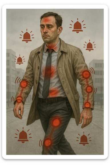 Uomo di circa 35 anni in giacca e cravatta, cammina deciso mentre il suo corpo invia segnali visibili: zone arrossate su addome, testa e articolazioni, occhi stanchi, pelle spenta. Intorno a lui appaiono simboli di allarme (come piccole icone rosse di dolore o stanchezza), ma lui guarda altrove con espressione indifferente o distratta. Sfondo urbano, giornata grigia, atmosfera di disconnessione mente-corpo. Stile realistico con accenti metaforici. sticker