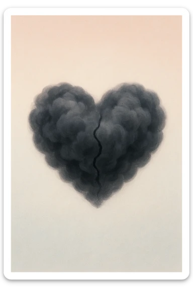 conceptual emoji of a heavy heart made of dark, swirling clouds, slightly cracked, on a minimalist pastel background, abstract, soft gradient style sticker