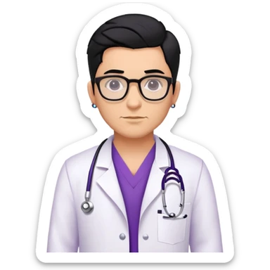 Male doctor  canela skin glasses black hair, piercings and tatoos, violet uniform and white bata sticker