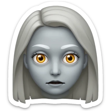 woman with gray skin and white eyes and a creepy face sticker