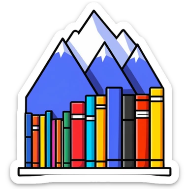 A mountain of books reaching high with colorful book spines visible sticker