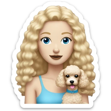 woman with straight blonde hair and blue eyes is holding a cream poodle  sticker