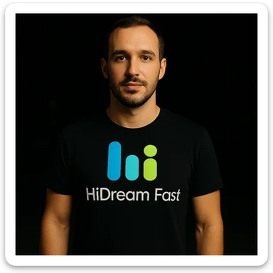 man wearing tshirt with this logo, dark night background with dim , add fast below logo, make man fit into image, add fast insead pf the dev keep rest same sticker