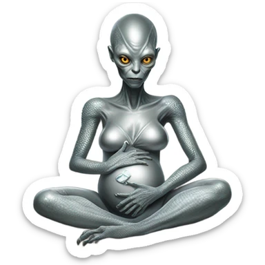 reptilian alien woman in silver dress, pregnant, sitting on couch sticker