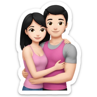 a pretty bratz fair girl. black hair, wearing a pink cami top, she is hugging a handsome fair guy with black hair. lean but muscular. is wearing a black tshirt sticker