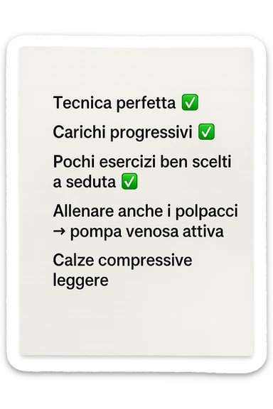 FOGLIO DI CARTA PER L'ALLENAMENTO IN PALESTRA CON LA SCRITTA "Tecnica perfetta
 ✅ Carichi progressivi
 ✅ Pochi esercizi ben scelti a seduta
 ✅ Allenare anche i polpacci → pompa venosa attiva
 ✅ Calze compressive leggere" , IPERREALISTICA 4K sticker