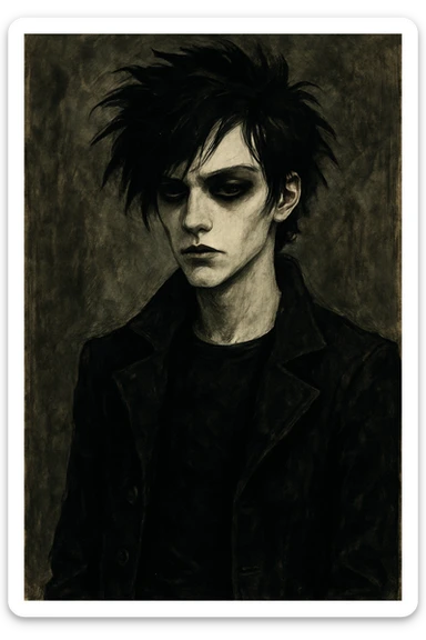 goth boy, black clothes, pale skin, moody expression, dark hair, stylized sticker