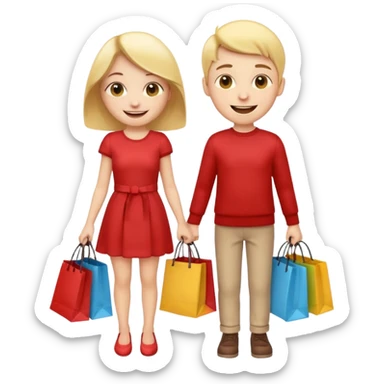 HAPPY SMILEY FACE EMOJI BOY AND GIRL WITH HANDS AND FEET WITH SHOPPING BAGS IN EACH HAND sticker