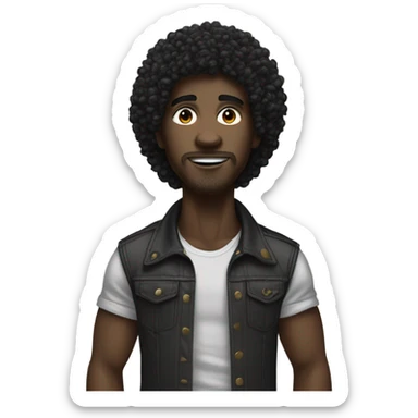 dark skin, black mullet afro curly man Raising Hand, street wear style, twink, intricate face sticker