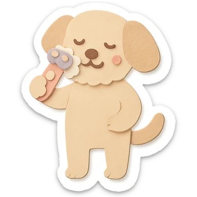 soft pastel electric shaver dog brushing its fuzzy face, creamy beige tones, full-body sticker