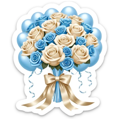 A backdrop of pearlescent ivory silk, draped like flowing water, provides the perfect setting for an exquisite bouquet of snow-white and pale blue roses, bound with a luxurious satin bow in soft beige. The ribbon’s ends curl gracefully, intertwining with delicate strands of pearls resting beside the bouquet. Above, a selection of metallic pearl balloons in warm champagne, opal white, and soft gold drifts effortlessly, their reflections creating a luminous, serene glow that enhances the timeless elegance of the scene. sticker