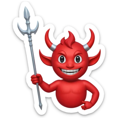 A red demon smiley face holding a trident sticker