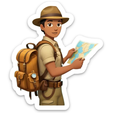 Icon for Adventure Movie: A vintage poster-style design featuring a daring explorer with a map, compass, and backpack. Include dramatic landscapes like jungles, mountains, and rivers, with a dynamic action scene. Bold, adventurous colors and a retro cinematic feel. Transparent background. sticker