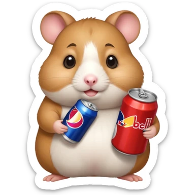 Funny cartoon-style fat hamster wide eyed with a can of redbull sticker