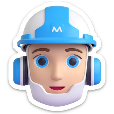 3D cartoon face of a construction AI agent, futuristic design, white and blue color scheme, construction helmet, approachable look sticker