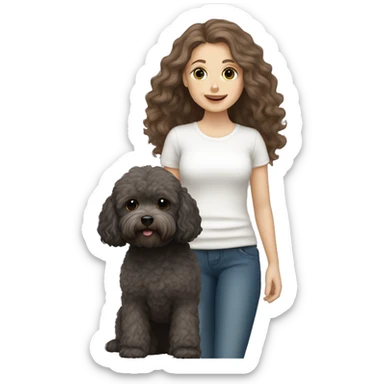 White Girl with brown long hair holding a dark gray maltipoo sticker