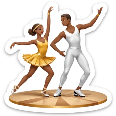 Icon for Sports Dance: a couple performing an energetic synchronized dance in competitive attire, with dance shoes, a rhythmic dance floor, and a competition backdrop. The icon should represent athleticism, technique, and precision. Transparent background. sticker