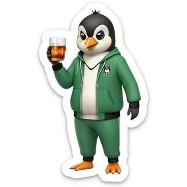 full body friendly anthropomorphised penguin wearing green mafia-style tracksuit, angry intense brooding posture, holding glass of whiskey sticker