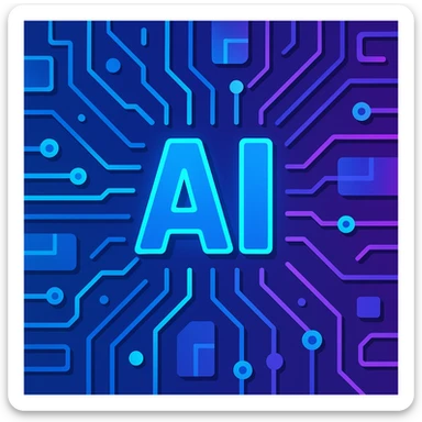 futuristic AI banner with glowing circuits, blue and purple gradients sticker