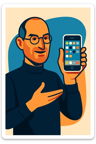 Steve Jobs presenting an iPhone in a confident pose, modern illustration style sticker