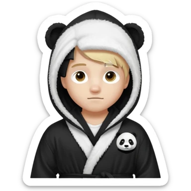 Create a blond boy with long, messy hair, light eyes, a white t-shirt, rich, with long hair, blue eyes, medium-length, voluminous hair, wearing a black Nike bathrobe and a little blush near his nose. and with a panda balaclava, but showing her hair. sticker