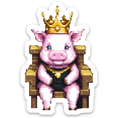cartoon-like pixel art pig with a golden crown sitting on a throne, blocky and square like Minecraft, playful and expressive sticker