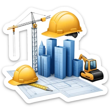 An icon featuring a blueprint, a hard hat, and a measuring tape, symbolizing architecture and construction. The design includes a building silhouette, cranes, and construction tools, representing the planning, design, and building processes. Transparent background. sticker
