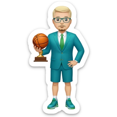 Full Body white fat male  wearing glasses with a goatee with light blonde gray very short hair basketball head Coach in blue and green suit holding trophy sticker