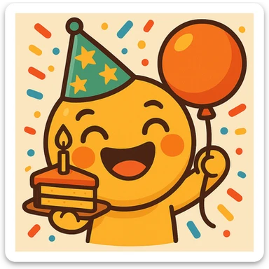 Change the party hat to green with orange stars, keep the rest of the emoji the same, bright cartoon style with confetti background. sticker