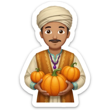 Tan Moroccan man sitting holding with pumpkin and grapes in countryside  sticker