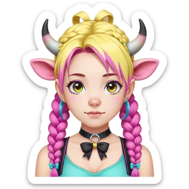 En anime-ku-jente med to rosa lange tykke fletter og cyan striper i håret, ku-horn og ku-ører, sort BH-topp over en gul cropped-fleece-blouse, lilla øyne, søt sløyfe på halsen  sticker