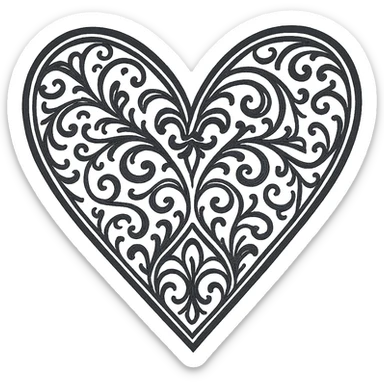 Add intricate gothic patterns to the black goth heart in a hand drawn outline style, emphasizing detailed and delicate gothic motifs within the outline. sticker