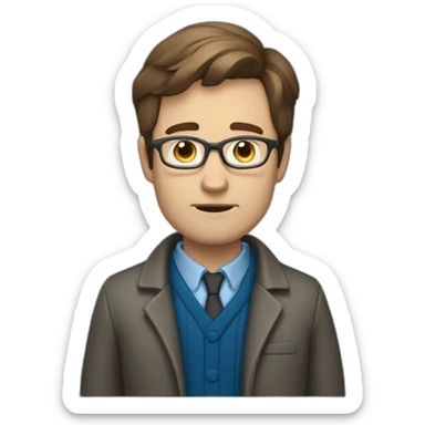 Librarian looking tired with brown hair, grey glasses, male, wearing jacket, blue eyes sticker