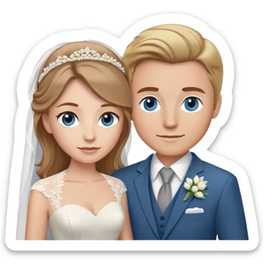 portrait of a bride with light brown hair and grey-blue eyes, and a groom with blonde hair, blue eyes, wearing a brown suit sticker