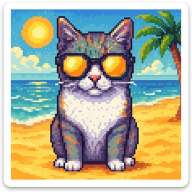 Add a sunny beach background behind the cat wearing sunglasses, in pixel art style. sticker