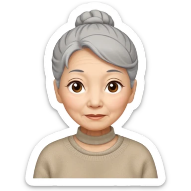 Elderly Chinese woman with gray hair tied in a bun, brown eyes with wise expression lines, wearing a beige wool sweater sticker